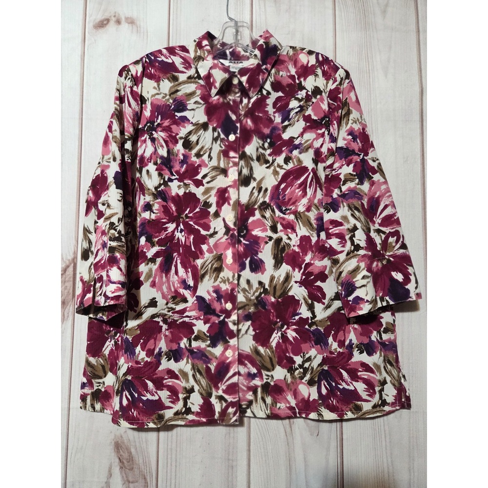 Alia Sport Women's Floral Print Button Up Shirt 3/4 Sleeve Size‎ 16